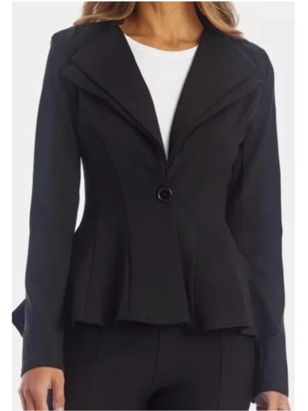 Noir Black Double Lapel Peplum Fitted Ponte Office Career Blazer Jacket M NWT